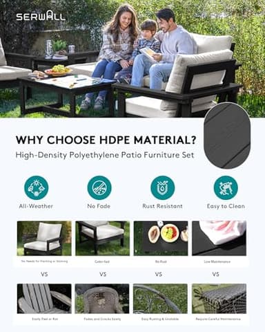 SERWALL HDPE Patio Furniture Set, 7-Piece Outdoor Sectional Sofa Set, All Weather Outdoor Couch Set for Deck, Lawn, Black Frame with Khaki Cushion - Image 4