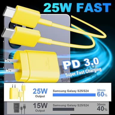 USB C Fast Charger, 25W Samsung Charger Super Fast Charging 6.6FT Type C Cord Android Phone Charger Block for Samsung Galaxy S24/S24 Ultra/S24+/S23 Ultra/S23/S23+/S22/S21/S20/Note 10/Note 20, Yellow - Image 2