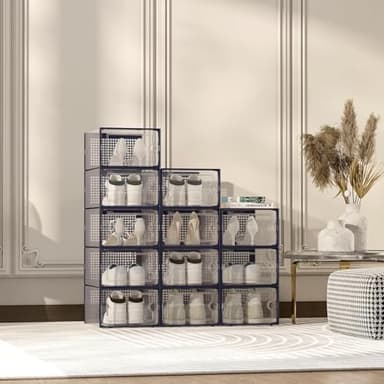 Kuject X-Large Shoe Storage Boxes Organizers Clear Plastic Stackable 12 Pack, Shoe Rack & Holder Substitute, Sneaker Containers, Toy Storage Organizer Bins for Entryway, Closet, Under Bed, Blue - Image 2