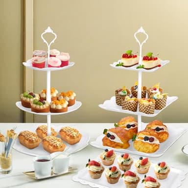 10 Pcs Cake Stand White Plastic Dessert Table Display Set 4 Pcs 3 Tired Cupcake Stand Cookie Tray Rack Serving Tray Cake Display Tower and 6 Pcs Dessert Trays for Wedding Baby Shower Tea Party (White) - Image 4