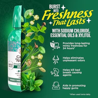 GuruNanda Fresh Breath Mouthwash, ADA-Accepted, Alcohol & Fluoride-Free, Sodium Chlorite, Essential Oils & Vitamins, 12-Hrs Fresh Breath, Wild Mint, 16 oz - Image 5