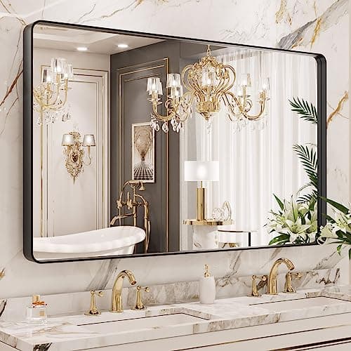 LOAAO 50X30 Inch Black Metal Framed Bathroom Mirror for Wall, Matte Black Bathroom Vanity Mirror Farmhouse, Large Rounded Rectangle Mirror, Anti-Rust, Tempered Glass, Hangs Horizontally or Vertically - Image 1