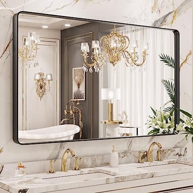 LOAAO 50X30 Inch Black Metal Framed Bathroom Mirror for Wall, Matte Black Bathroom Vanity Mirror Farmhouse, Large Rounded Rectangle Mirror, Anti-Rust, Tempered Glass, Hangs Horizontally or Vertically - Image 1