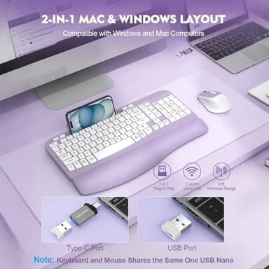 Wireless Keyboard and Mouse Combo, Wave Keys Full-Sized Ergonomic Keyboard with Cushioned Plam Rest, Phone Holder, Comfortable Natural Typing, 2.4G Cordless Set for Computer, Laptop, PC, Mac, Windows - Image 8