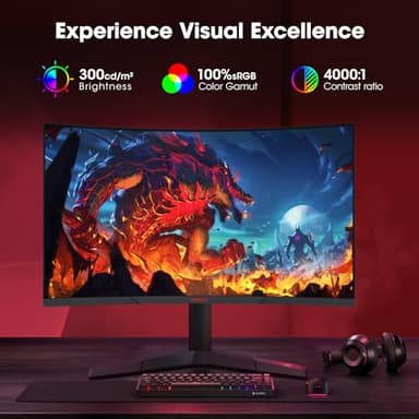 KOORUI 27 Inch Curved Gaming Monitor QHD (2560 x 1440) 180Hz, 1ms 1500R Display, Adaptive Sync, 90% DCI-P3, HDMI 2.0 & DisplayPort 1.4, VESA, Tilt, Eye Care, 27E6QCA - Image 6