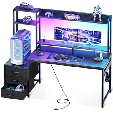 Casaottima 48 Inch Gaming Desk with Hutch & 3 Fabric Drawers, Computer Desk with USB Ports & LED Lights, Reversible Pc Gamer Table with Monitor Stand for Home Office, Carbon Fiber Black - Image 1