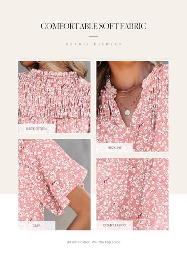 SHEWIN Womens Blouses 2025 Casual Short Sleeve Shirts V Neck Blouse Flowy Cute Summer Tops for Women Pink Medium - Image 5