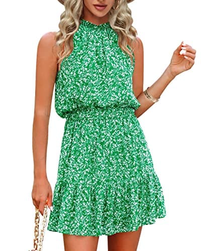 Floral Summer Dress for Women Chiffon Blouses Skirt Spaghetti Sleeveless Tops Halter Boho Romper Sun Summer Outfits X-Green - Image 1