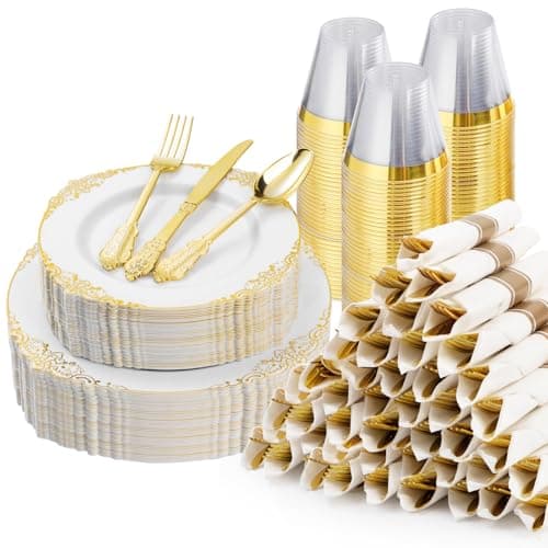Bestluck 350PCS Gold Plastic Plates for 50 Guests, Disposable Dinnerware Sets Include 100 Gold Rim Plastic Plates, 50 Silverwares, 50 Cups, and 50 Pre Rolled Napkins for Party, Wedding, Graduation - Image 1