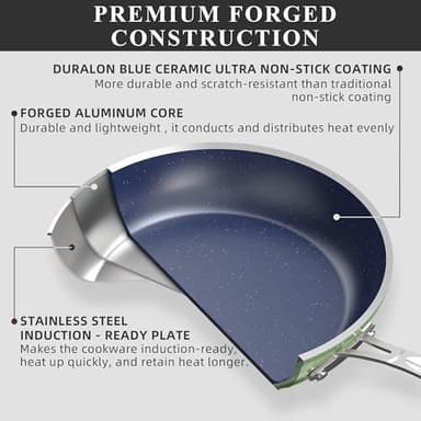 Nuwave Healthy Duralon Blue Ceramic Nonstick Cookware Set, Diamond Infused Scratch-Resistant, PFAS Free, Dishwasher & Oven Safe, Induction Ready & Evenly Heats, Tempered Glass Lids & Stay-Cool Handles - Image 3