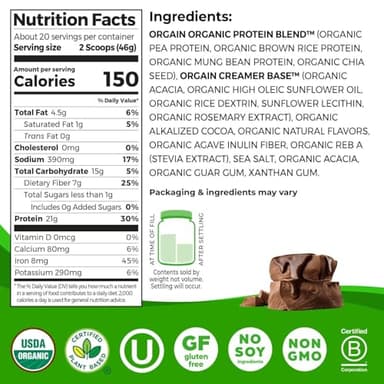 Orgain Organic Vegan Protein Powder, Creamy Chocolate Fudge - 21g Plant Protein, 6g Prebiotic Fiber, Low Net Carb, No Lactose Ingredients, No Added Sugar, Non-GMO, For Shakes & Smoothies, 2.03 lb - Image 2