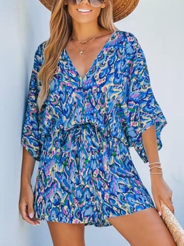 CUPSHE Women's Summer Romper V Neck 3/4 Sleeve Loose Drawstring Vacation Mini Jumpsuit Wide Leg Outfit Blue, M - Image 6