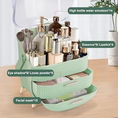 Make up Organizers and Storage, Makeup Organizer for Vanity, Cosmetics Skincare Organizers with Lid and Drawers, Cosmetic Display Cases for Countertop, Bathroom, Ideal Gifts for Women(Light Green) - Image 4