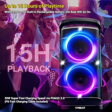 TPBEAT Portable Bluetooth Party Speaker: 160W Peak Powerful Loud Sound Deep Bass Wireless Boombox Large Subwoofer 15 Hours Battery Life Fast Charging with Led Light Show for Outdoor Camping Backyard - Image 5