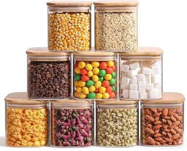 ComSaf 0.7 Qt Glass Food Storage Jars Set of 9, Clear Glass Storage Containers with Lids, Pantry Organization Jar, Spice, Blooming Tea, Oat, Coffee and Sugar Container, Small Canister Set for Kitchen - Image 1