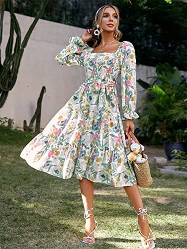 Amegoya Women's Boho Flowy Long Sleeve Midi Dress Tiered Smocked Square Neck Floral Maternity Dress(A-Floral L) - Image 2