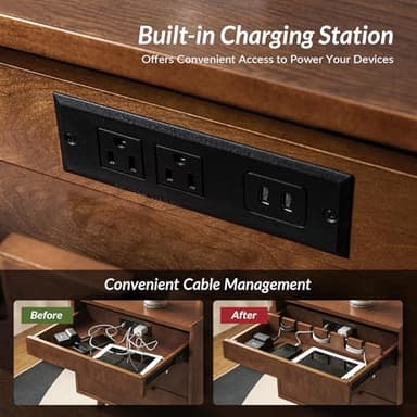 HULALA HOME 2 Drawer Nightstand with Charging Station, Mid-Century Modern Bedside Tables with Wood Legs, Wood Night Stand with Pull-Out Shelf Set of 2, Walnut - Image 3