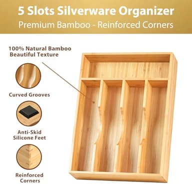 Umilife Bamboo Kitchen Drawer Organizer, 9 Inch Silverware Utensils Tray Holder for Small Drawer, Wood Caddy for Flatware Cutlery Knives - Image 2