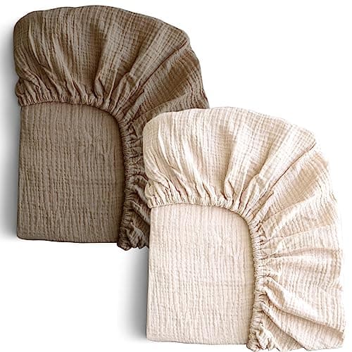 COSMOPLUS-Muslin-Crib-Sheets-for-Girls-Boys-Neutral-Baby,2 Pack Boho Crib Matress Sheet,Fitted Crib Sheet for Standard Crib Mattress & Toddler Bed Mattress,Organic Cotton,Ivory & Iced Coffee - Image 1