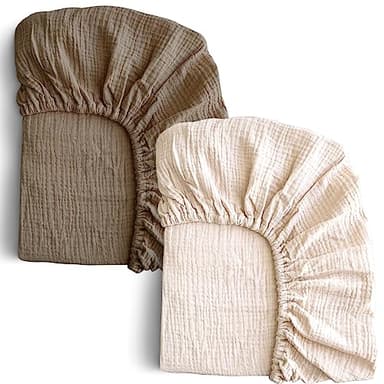 COSMOPLUS-Muslin-Crib-Sheets-for-Girls-Boys-Neutral-Baby,2 Pack Boho Crib Matress Sheet,Fitted Crib Sheet for Standard Crib Mattress & Toddler Bed Mattress,Organic Cotton,Ivory & Iced Coffee - Image 1