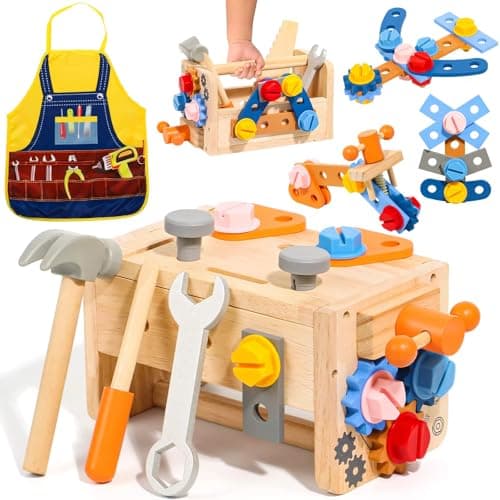 TONZE Kids Tool Set with Apron, Wooden Toddler Tool Bench Montessori Toys for 2+Year Old 39 PCS Educational STEM Construction Toys for Ages 2-4 Pretend Play Toddler Toys 3 4 5 Year Old Birthday Gift - Image 1