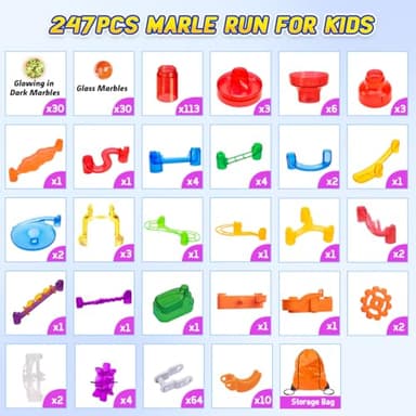 247Pcs Marble Run with Motorized Elevator, Construction Building Blocks Toys with 30 Glass Marbles and 30 Glow in The Dark Marbles, STEM Gifts for Boys and Girls - Image 3