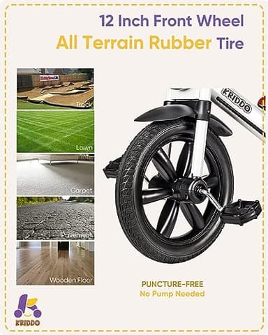 KRIDDO Kids Tricycle, 12 Inch Puncture Free Wheel w Front Light, Adjustable Seat Height, Gift for 2-5 Year Olds, White - Image 6
