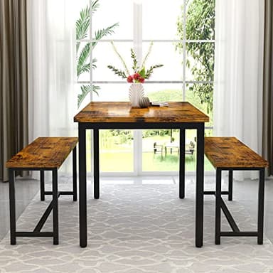 AWQM Dining Room Table Set, Kitchen Table Set with 2 Benches, Ideal for Home, Kitchen and Dining Room, Breakfast Table of 47.2x28.7x28.7 inches, Benches of 41.3x11.8x17.7 inches, Industrial Brown - Image 2