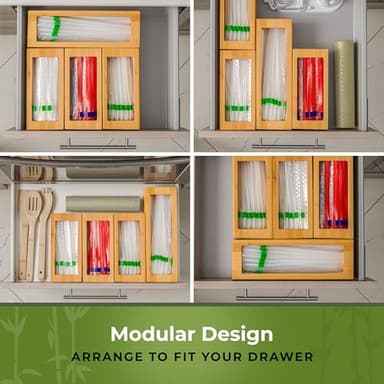 Storage Bag Organizer, Bamboo Baggie Organizer for Drawer, 4 Modular Blocks with Labels, Plastic Bag Storage Organizer, Quick Refill, Compatible with Gallon, Quart, Sandwich, Snack size bags - Image 7