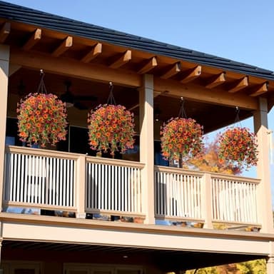 Artificial Fake Hanging Flowers Plants with Basket Spring Outdoor Decor,Faux Silk Colorful Daisy in Planter Boxwood No Fade Plastic Shrubs Farmhouse Home Garden Porch Patio Decoration(Yellow Brown) - Image 2