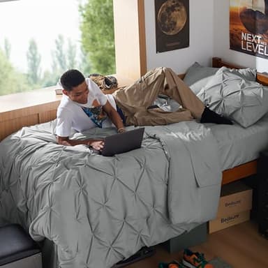 Bedsure Twin XL Comforter Set - Extra Long 5 Pieces Dorm Bedding Sets, GentleSoft™ Pinch Pleat Grey Bed in a Bag with Pintuck Comforter, Sheets, Pillowcase & Sham - Image 2