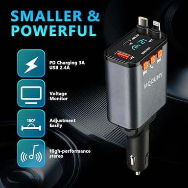 Retractable Car Charger,5 in 1 Fast Cars Phone Charger 60w,Bluetooth 5.3 FM Transmitter Adapter,Handsfree Call,MP3 Player,2 Retractable Cables and USB Chargers, for Phone,Galaxy,Pixel (Black) - Image 5