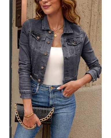 Luvamia Women's Long Sleeve Button Down Stretchy Denim Jean Jacket - Cropped, Dressy Utility Style in Faded Black - Size X-Large (Fits 16/18) - Image 7