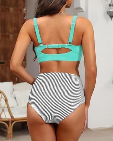 Amy Babe Women's Twist Front Full Coverage Swimsuit V Neck Padded High Waisted Ruched Bikini Set Two Piece Bathing Suit - Image 3