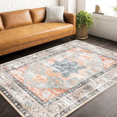 6x9 Area Rug, Ultra-Soft Washable Rug for Living Room, Dinner Room, Bedroom, Non-Slip Vintage Floral Rug, Indoor Carpet Large Area Rug, Orange - Image 3