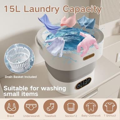 LGLRTD Portable Washing Machine, 15L Small Foldable Washer with 3 Cleaning Modes for Baby Clothes, Underwear, Small Items, Mini Collapsible Laundry for Travel Apartment Home Dorm Hotel Camping (White) - Image 2