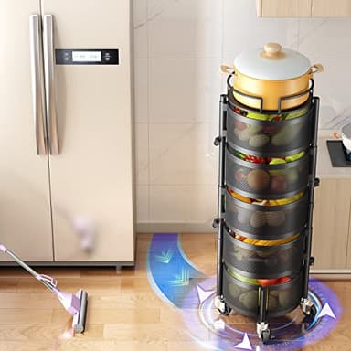 SAYZH Fruit Vegetable Basket for Kitchen, Rotating Storage Rack, 5 Tier Rolling Cart with top lid, Large Metal Wire Wheels, Black - Image 6