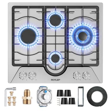 Gas Cooktop 24 Inch ROVLEP, Gas Stove Top Built-in 4 Burners Stainless Steel Total 31,600 BTU, 24 Inch NG/LPG Convertible Propane Cooktops Dual Fuel, RV Stove Top with Thermocouple Protect - Image 1