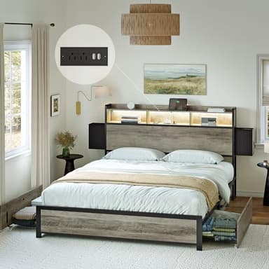 HAUSOURCE Queen Bed Frame with Bookcase Headboard and 2 Drawers LED Lights Metal Platform Non-Slip Without Noise Strong Metal Slats Support No Box Spring Needed (Greige, Queen) - Image 3