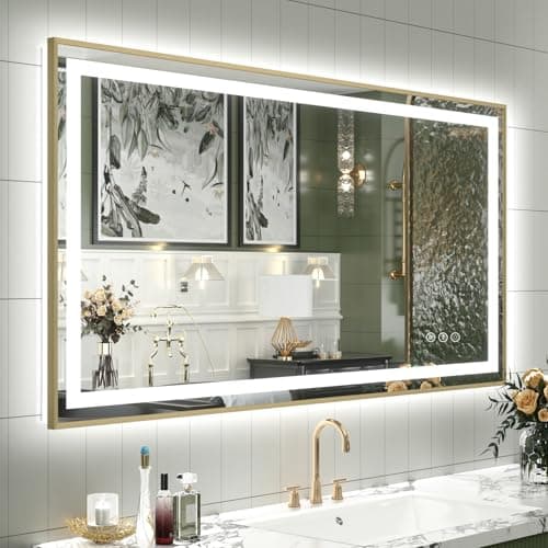 OKPAL 40x24 Gold LED Bathroom Mirror with Lights, Frontlit & Backlit Metal Framed Mirror, Lighted Bathroom Vanity Mirror, Anti-Fog, Dimmable 3 Colors, Shatterproof, Horizontal/Vertical - Image 1