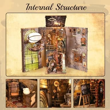 Book Nook Kit, Book Nook Kits for Adults, DIY Miniature Dollhouse Kit 3D Wooden Puzzle Booknook Bookend with LED Light - Image 5
