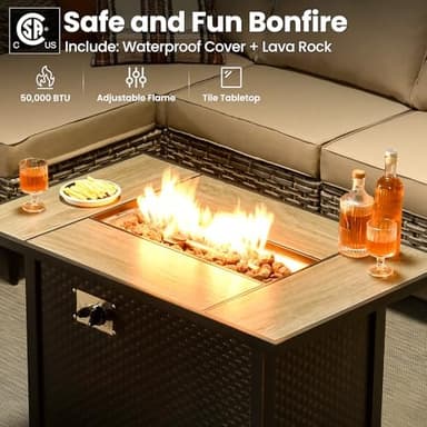 ovios 9 Pieces Patio Furniture Set Outdoor Sectional Sofa Couch with Fire Pit Table Rocking Swivel Chairs Deep Seat Chaise, Modern Modular Wicker Rattan Conversation Set, Beige - Image 5