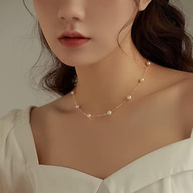 Trinckle Gold Pearl Necklace, 6 MM Pearl Choker Necklace 15'' Pearl Necklaces for Women Dainty Choker as Birthday Gifts for Teens Pearl Strands Prom Jewelry Wedding Bride Bridesmaid Gifts - Image 3