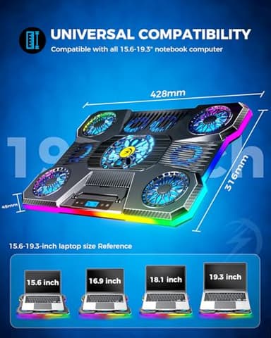 ChillCore Laptop Cooling Pad, RGB Lights Laptop Cooler 9 Fans for 15.6-19.3 Inch Laptops, Gaming Laptop Fan Cooling Pad with 8 Height Stands, 2 USB Ports - A21 Blue - Image 7