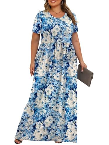 Womens Plus Size Maxi Dresses Summer 2025 Casual Short Sleeve with Pockets Long Dress White Chrysanthemum 1X - Image 3