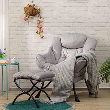 HollyHOME Lazy Chair with Foldable Ottoman, Accent Comfy Lounge Armchair and Folding Footrest Stool, Leisure Sofa Reading Chair and Footstool for Living Room, Bedroom, Dorm,Textured Grey - Image 2