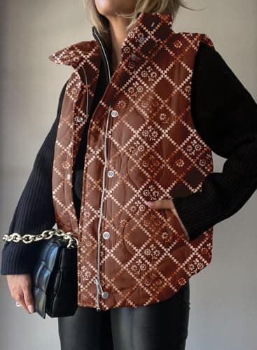EVALESS Womens Fashion Cropped Puffer Vest Fall 2025 Lightweight Quilted Stand Collar Sleeveless Button Down Flower Jackets Winter Warm Coat Outerwear Gilet with Pockets Brown Medium - Image 3