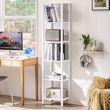 YUFAM 66in Tall Bookshelf 6-Tier Small Narrow Bookcase, Skinny Book Shelf for Small Space, Farmhouse Slim Shelf with Storage, Wood Freestanding Display Thin Bookshelves for Living Room, Office, White - Image 1