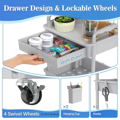 SUNALLY 3 Tier Rolling Cart with Drawer, Bathroom Storage Organizer with 2 Lockable Wheels, Multifunctional Rolling Storage Cart for Bathroom, Kitchen, Office, Craft, Makeup, Baby Essentials, Gray - Image 3