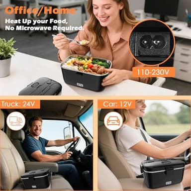 COZYEXPERT Electric-Lunch-Box-Heated-Food-Warmer 100W Heating Lunchbox for Adults 1.8L Portable Food Heater for Work/Car, 12V/24V/110-230V Lonchera Eléctrica Portátil with Fork Spoon (Black) - Image 3